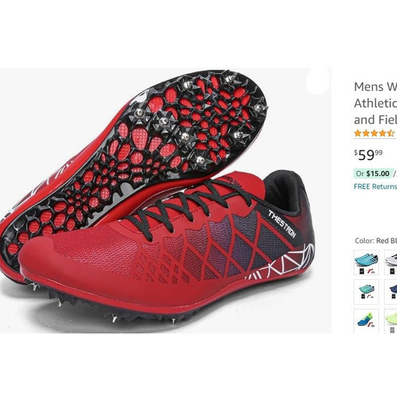 Thestron Track and Field Shoes, Men 4, Women 6, Foot Length 9.06", Red/Black - Picture 2 of 10